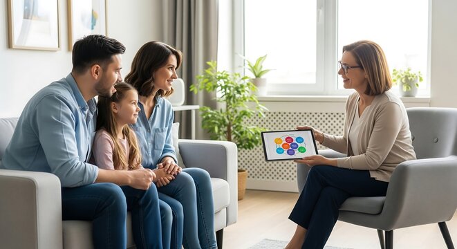 A family attends a therapy session. A therapist presents a colorful diagram on a tablet, likely illustrating family dynamics or a therapeutic concept. The scene is warm and inviting.
