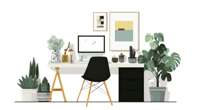 Creative Workspace Design: Inspirational creative workspace with modern furniture, plants, and artwork, isolated on a Transparent background, PNG file.
