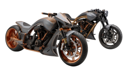 Custom Motorcycles: Custom-designed motorcycles with unique frames, sleek finishes, and high-performance features, isolated on a Transparent background, PNG file.
