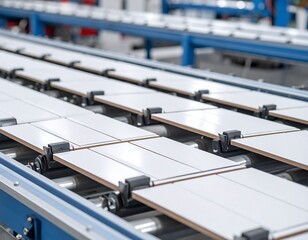 Tiles on conveyor belt in a factory