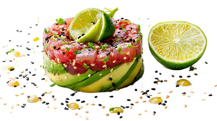 Creative plating of avocado and tuna tartare with sesame seeds and lime, isolated on a Transparent background, PNG file.