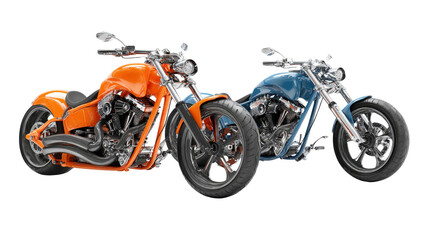Obraz premium Custom Motorcycles: Sleek custom-designed motorcycles with unique frames and bold features, isolated on a Transparent background, PNG file.