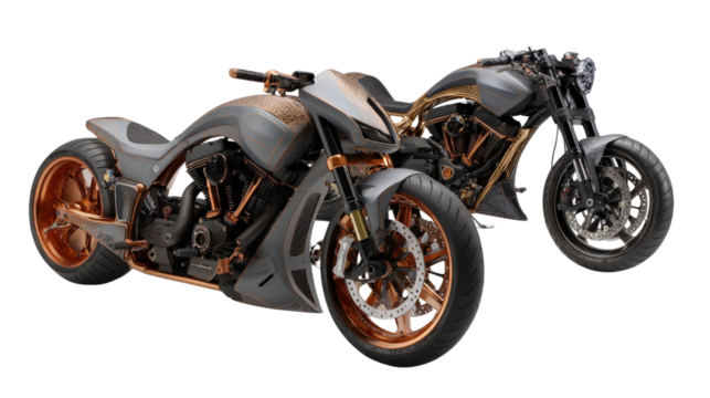 Custom Motorcycles: Custom-designed motorcycles with unique frames, sleek finishes, and high-performance features, isolated on a Transparent background, PNG file.