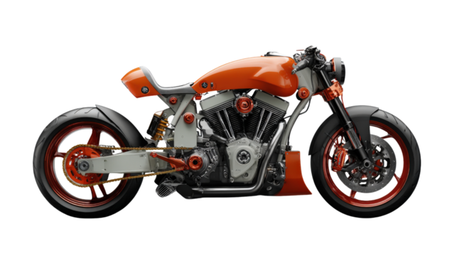 Custom Motorcycles: Custom-designed motorcycles with unique frames, sleek finishes, and high-performance features, isolated on a Transparent background, PNG file.