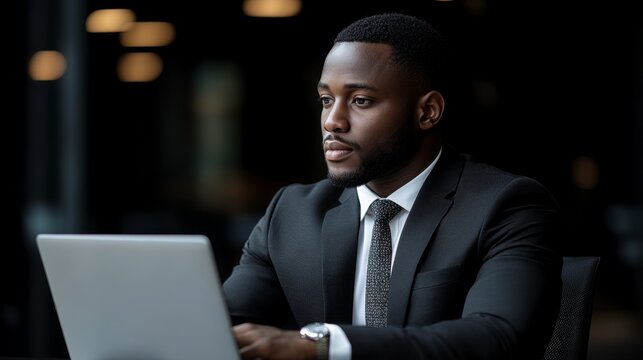 Professional African American Man Working on Laptop in Modern Office