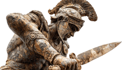 Etruscan warrior statue, isolated on a Transparent background, PNG file.