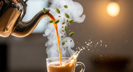 Pouring spiced chai tea with cardamom pods into a glass cup creating a splash of milk and steam for a warm and inviting beverage concept perfect for relaxation