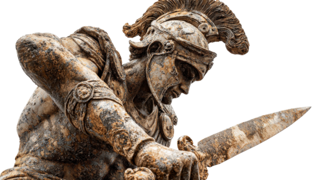 Etruscan warrior statue, isolated on a Transparent background, PNG file.