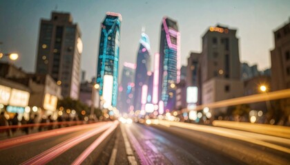 Obraz premium Blurred view of city road with light trails and illuminated skyscrapers at dusk.