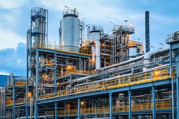 Industrial complex with metal structures, pipes, and tanks