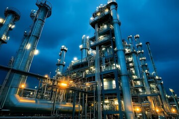 Industrial plant at night, metal structures, pipes, towers, illuminated