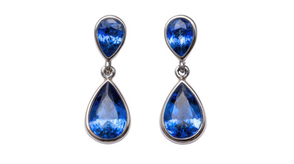 Earrings designed to look like water droplets with blue sapphires, isolated on a Transparent background, PNG file.