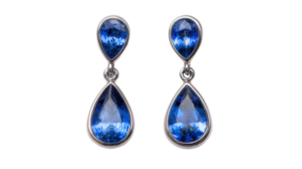 Earrings designed to look like water droplets with blue sapphires, isolated on a Transparent background, PNG file.