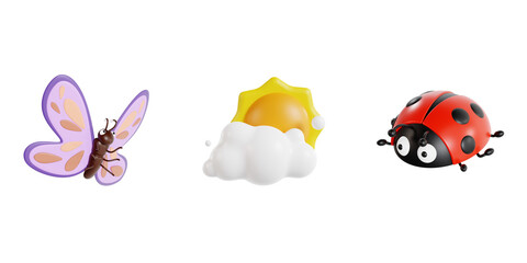 Cute 3D Spring Nature Icon Collection with Butterfly, Sun, and Ladybug