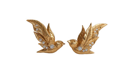 Obraz premium Earrings inspired by birds in flight, crafted from gold with diamond accents, isolated on a Transparent background, PNG file.