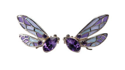 Earrings resembling a dragonfly's wings with amethyst and sapphire accents, isolated on a Transparent background, PNG file.