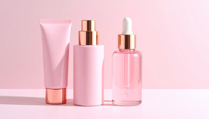 Pink Skincare Essentials: A minimalist studio shot of skincare products, showcasing elegance and the subtle play of shadows, inviting contemplation of beauty and self-care.