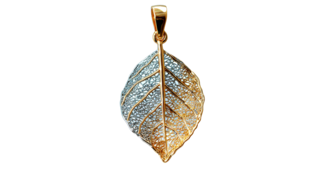 Elegant pendant shaped like a leaf with delicate veins, made from gold and silver, isolated on a Transparent background, PNG file.