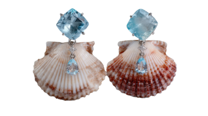 Earrings shaped like delicate sea shells with pearl and aquamarine accents, isolated on a Transparent background, PNG file.