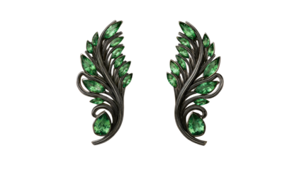 Earrings shaped like graceful fern fronds with green tourmaline gemstones, isolated on a Transparent background, PNG file.