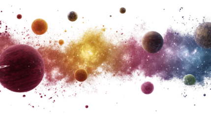 Digital Space Art: Cosmic space art with planets, stars, and galaxies in vibrant digital designs, isolated on a Transparent background, PNG file.