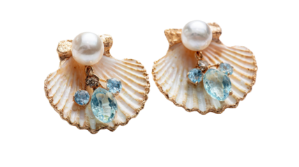 Earrings shaped like delicate sea shells with pearl and aquamarine accents, isolated on a Transparent background, PNG file.