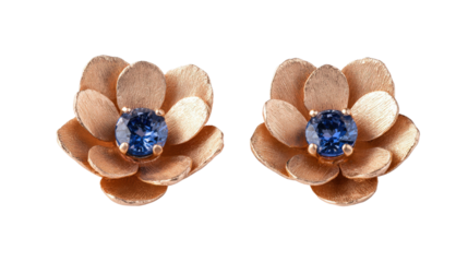 Earrings shaped like petals of a rose with a sapphire center, isolated on a Transparent background, PNG file.