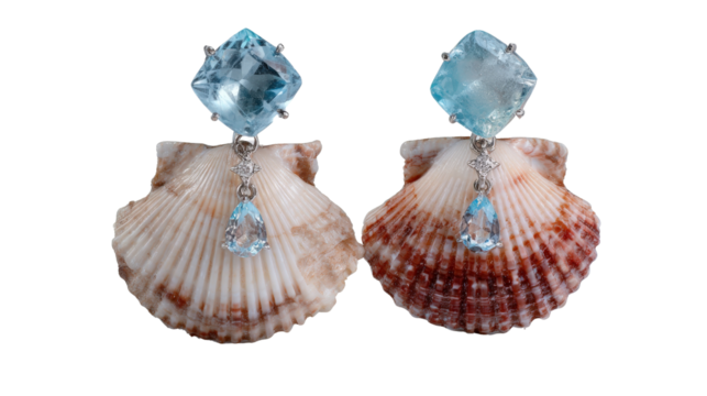 Earrings shaped like delicate sea shells with pearl and aquamarine accents, isolated on a Transparent background, PNG file.