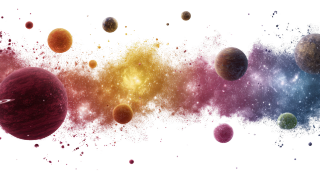 Digital Space Art: Cosmic space art with planets, stars, and galaxies in vibrant digital designs, isolated on a Transparent background, PNG file.