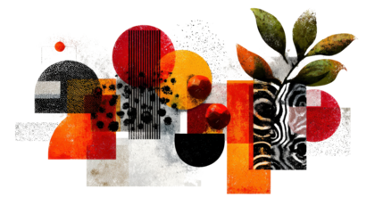 Digital Art Collage: Bold and colorful digital art collage with a blend of geometric shapes and organic patterns, isolated on a Transparent background, PNG file.