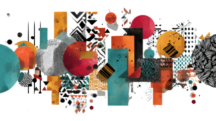 Digital Art Collage: Bold and colorful digital art collage with a blend of geometric shapes and organic patterns, isolated on a Transparent background, PNG file.