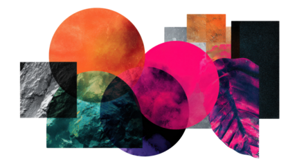 Digital Art Collage: Collage of digital art with overlapping shapes, textures, and vivid color contrasts, isolated on a Transparent background, PNG file.