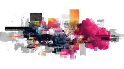 Digital Art Collage: Creative digital art collage with overlapping layers and vibrant color schemes, isolated on a Transparent background, PNG file.