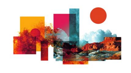 Digital Art Collage: Creative digital art collage with overlapping textures and bright contrasts, isolated on a Transparent background, PNG file.
