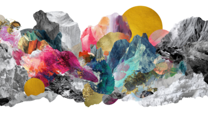 Digital Art Collage: Creative digital art collage with overlapping textures and bright contrasts, isolated on a Transparent background, PNG file.
