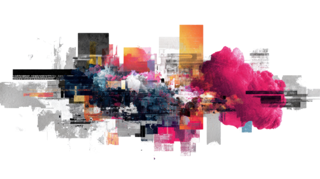 Digital Art Collage: Creative digital art collage with overlapping layers and vibrant color schemes, isolated on a Transparent background, PNG file.