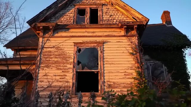 Abandoned Victorian House at Sunset with Broken Windows and Overgrown Vegetation
