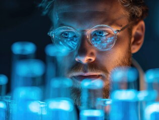 Close-up of a scientist or researcher working with glowing test tubes in a laboratory setting