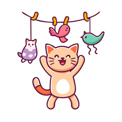 The mischievous little cat is raising her arms to play with toys that are hanging from above.
