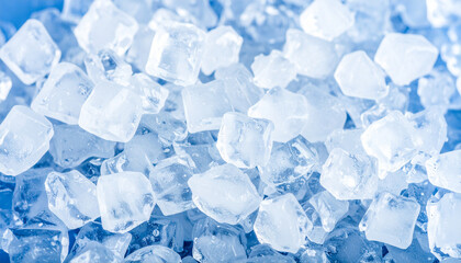 Crystallized Refreshment: A close-up shot unveils a multitude of shimmering ice cubes, their multifaceted forms and cool essence symbolizing refreshment, perfect for beverages.