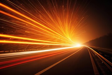 Obraz premium Bright orange and yellow light trails streak across a dark road at high speed