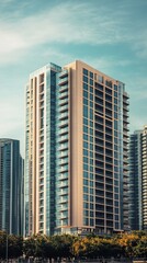 Fototapeta premium Modern high-rise building in a city skyline, with trees and a partly blurred background