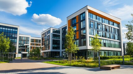 Obraz premium Modern office buildings with landscaping under a clear sky