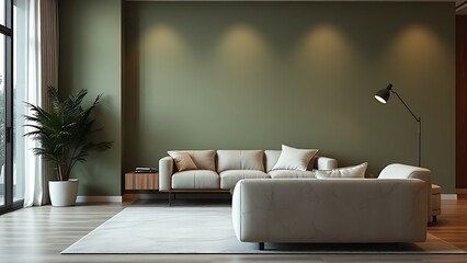 Contemporary living space with a muted green accent wall and abstract marble-textured furniture.