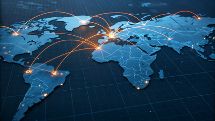 Global business technology concept with digital world map showing interconnected network lines symbolizing international trade, globalization, data exchange, and communication systems
