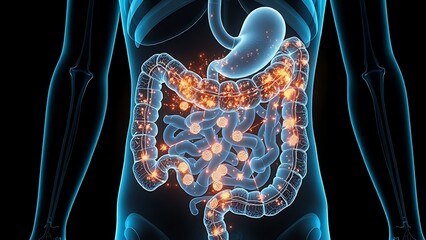 X-ray illustration of a digestive tract with geometric particles transforming into bio-luminescent flora.