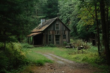 Old wooden cabin in a lush forest