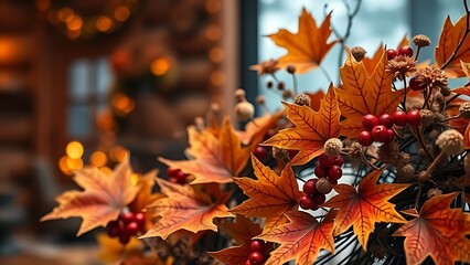 Maple leaf wreath with dried flowers and berries, warmly lit with a blurred rustic cabin backdrop.
