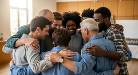 A diverse group of people stand in a circle, arms around each other's shoulders, creating a sense of unity, support, and community. Their backs are to the camera, emphasizing their closeness