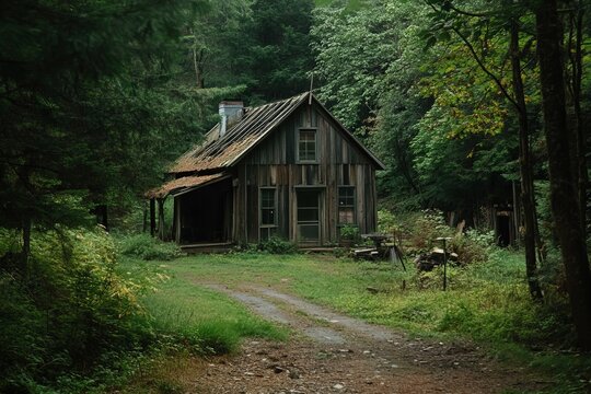 Old wooden cabin in a lush forest
